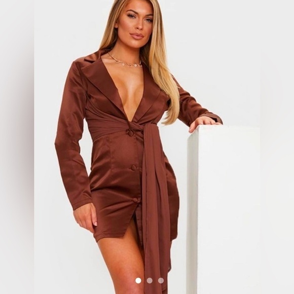PRETTY LITTLE THING Chocolate Satin Chiffon Drape Blazer Dress • Size: 4 • NWT - Picture 2 of 12